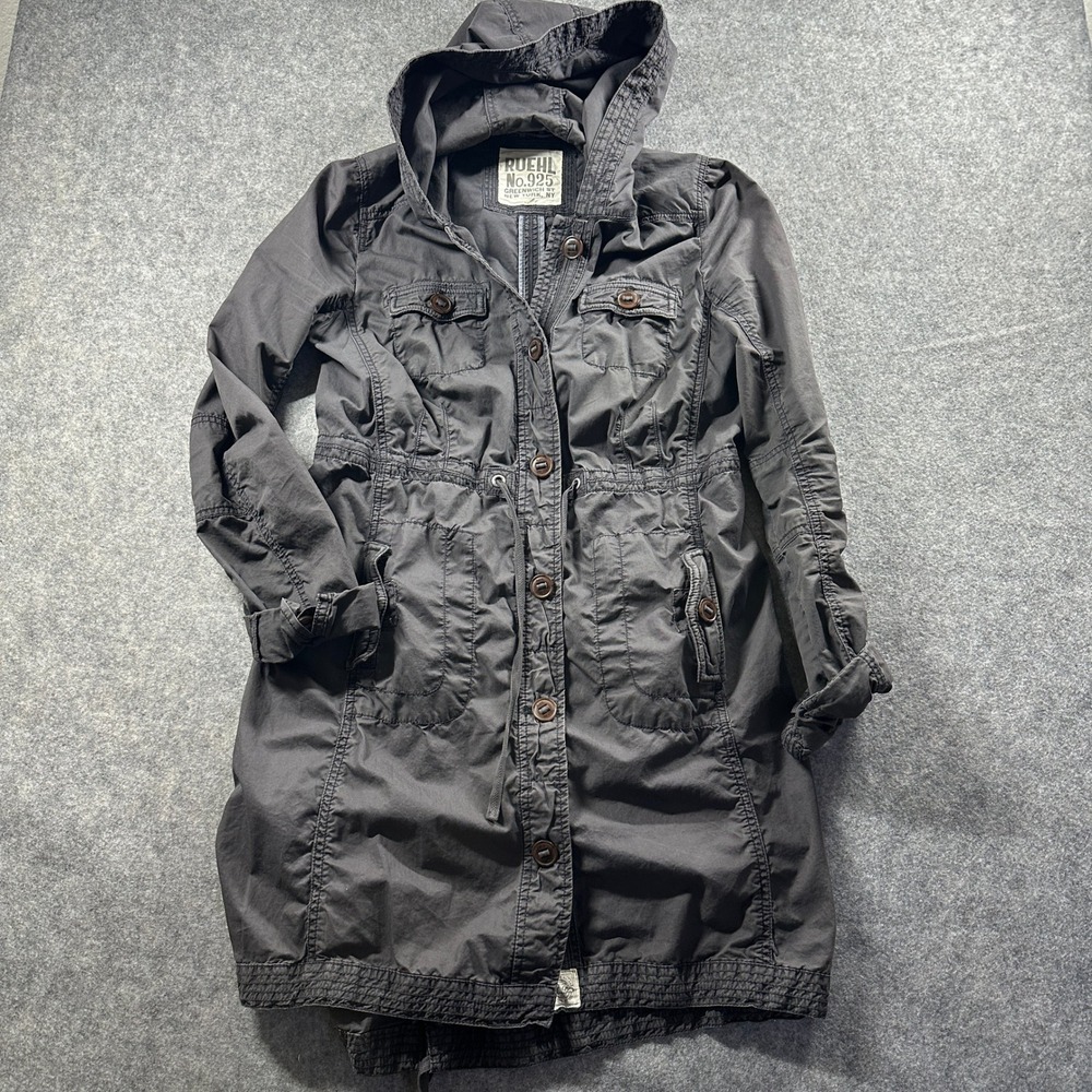 Ruehl No. 925 Hooded Parka Utility Jacket Women Large Gray Drawstring Cotton Y2K